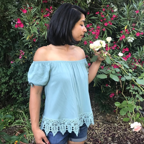 Tops - Boho mint green off the shoulder lace trim top